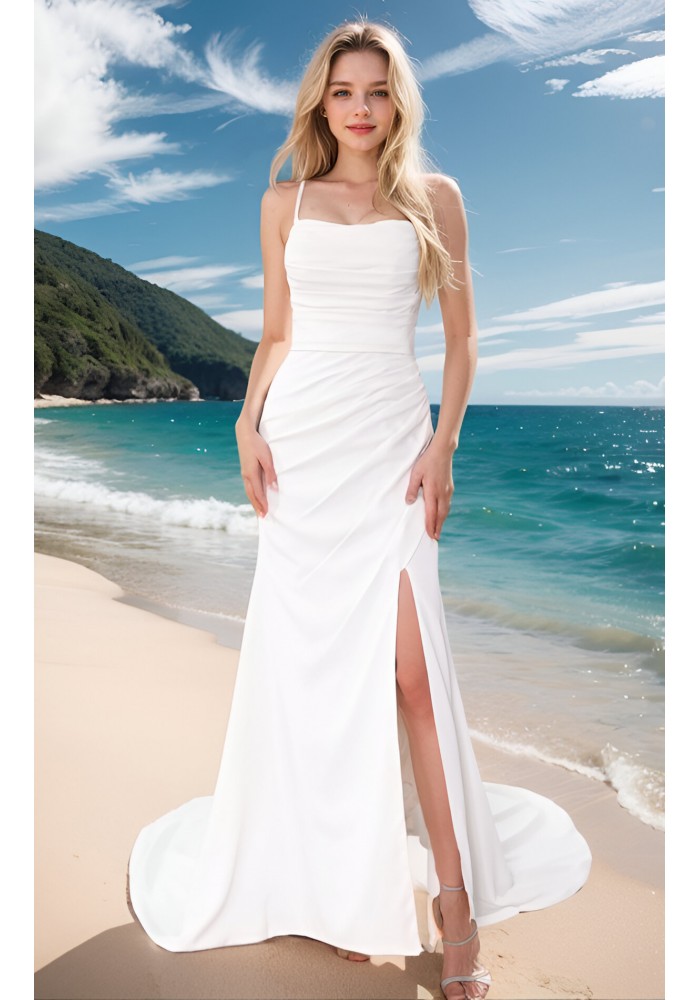 Wedding Dress - Crepe Fitted and Flair Boat Neckline Pleated Bodice and Skirt with Slit - BLL-F2005