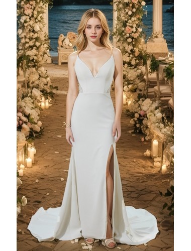 Wedding Dress - Crepe Spaghetti Straps Fitted and Flare Slit Skirt - BLL-F2008