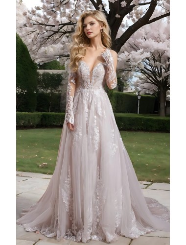 A-line V-shape Wedding Dress Sleeveless / Detachable Long Sleeves - BLM-A1006