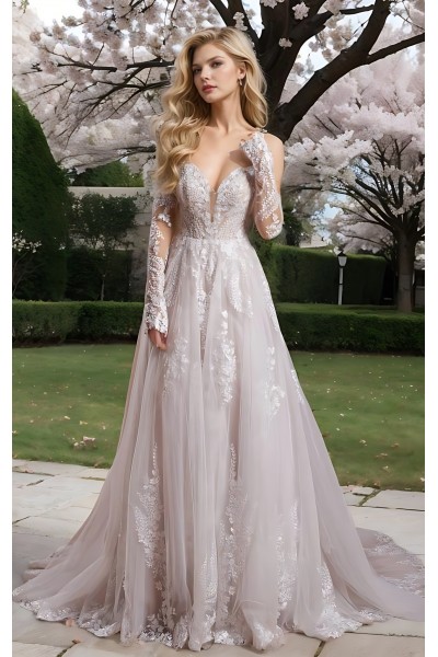 A-line V-shape Wedding Dress Sleeveless / Detachable Long Sleeves - BLM-A1006