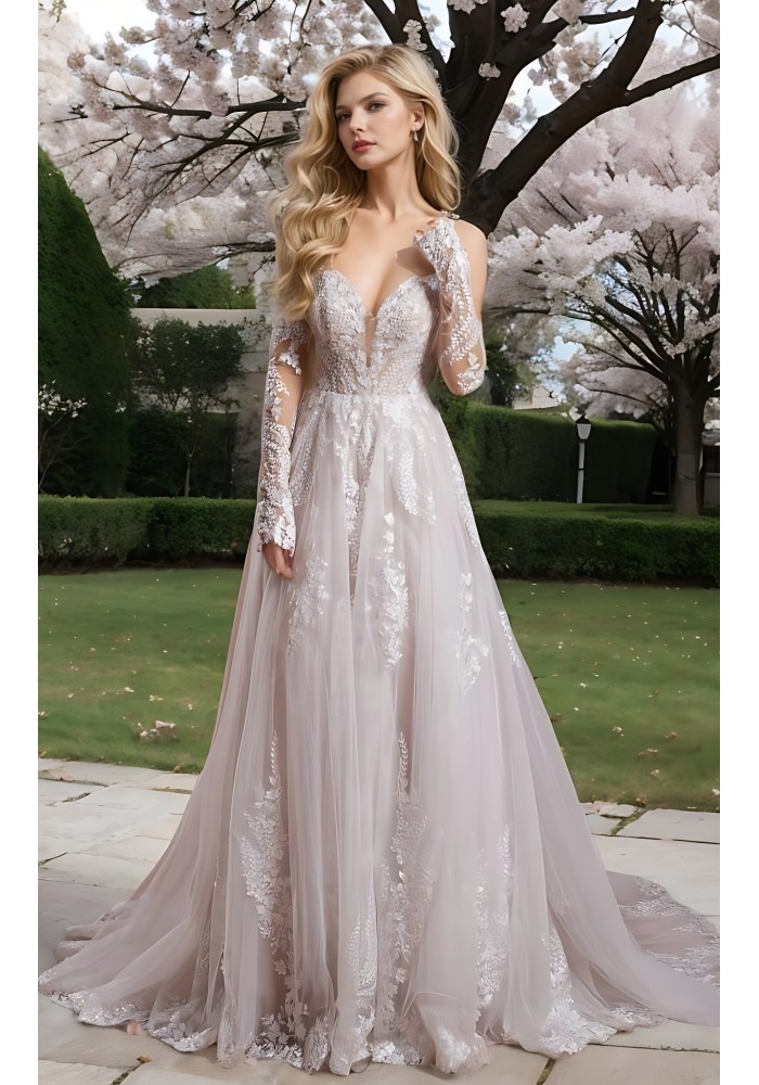 A-line V-shape Wedding Dress Sleeveless / Detachable Long Sleeves - BLM-A1006