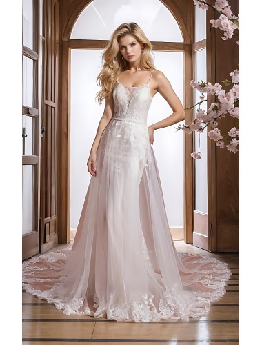 Fitted & Flare / A-line Overskirt Wedding Dress with Spaghetti Straps - BLM-F2010OS