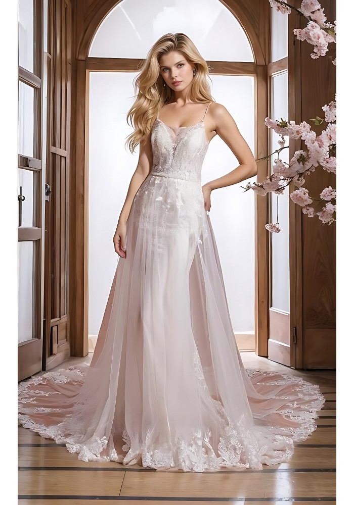 Fitted & Flare / A-line Overskirt Wedding Dress with Spaghetti Straps - BLM-F2010OS