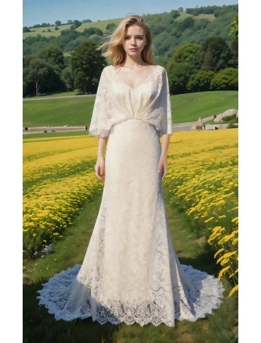 Bohemian V-shape Wedding Dress with Elbow-length Sleeve - BLM-F4001