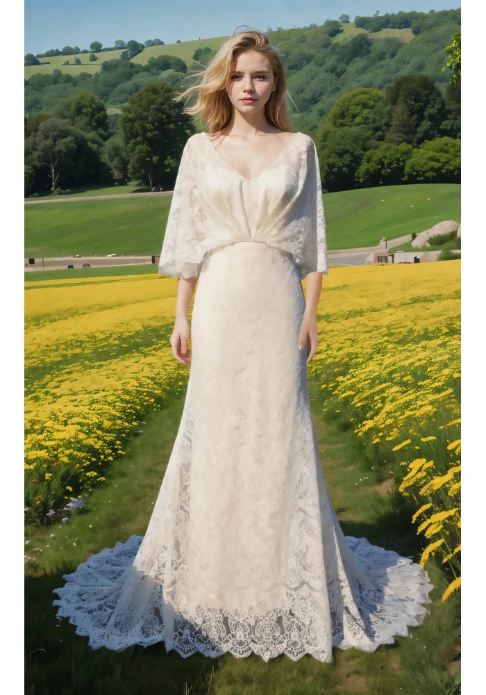 Bohemian V-shape Wedding Dress with Elbow-length Sleeve - BLM-F4001