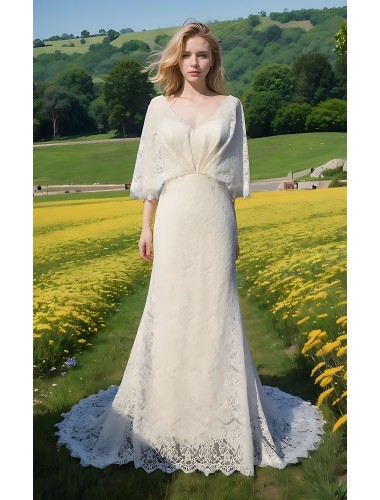 Bohemian V-shape Wedding Dress with Elbow-length Sleeve - BLM-F4001