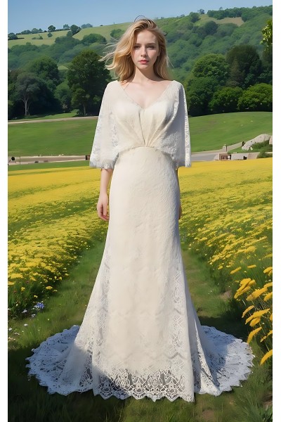 Bohemian V-shape Wedding Dress with Elbow-length Sleeve - BLM-F4001