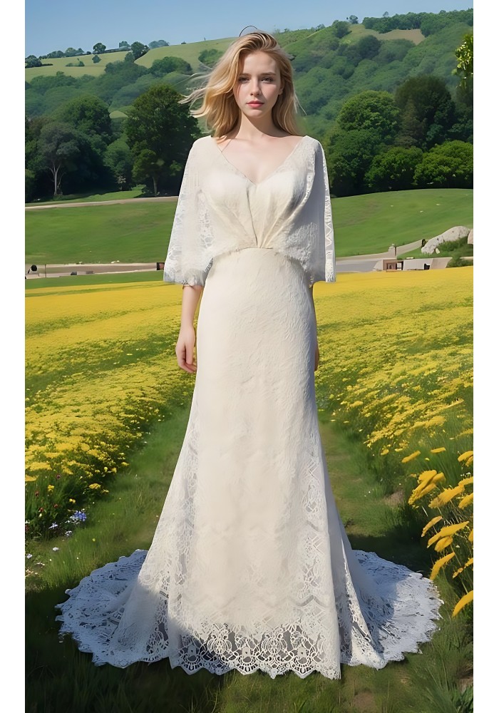 Bohemian V-shape Wedding Dress with Elbow-length Sleeve - BLM-F4001