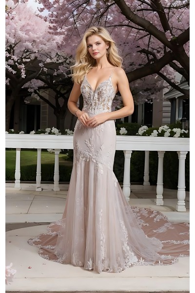 Mermaid V-shape Wedding Dress with Spaghetti Straps - BLM-M2003