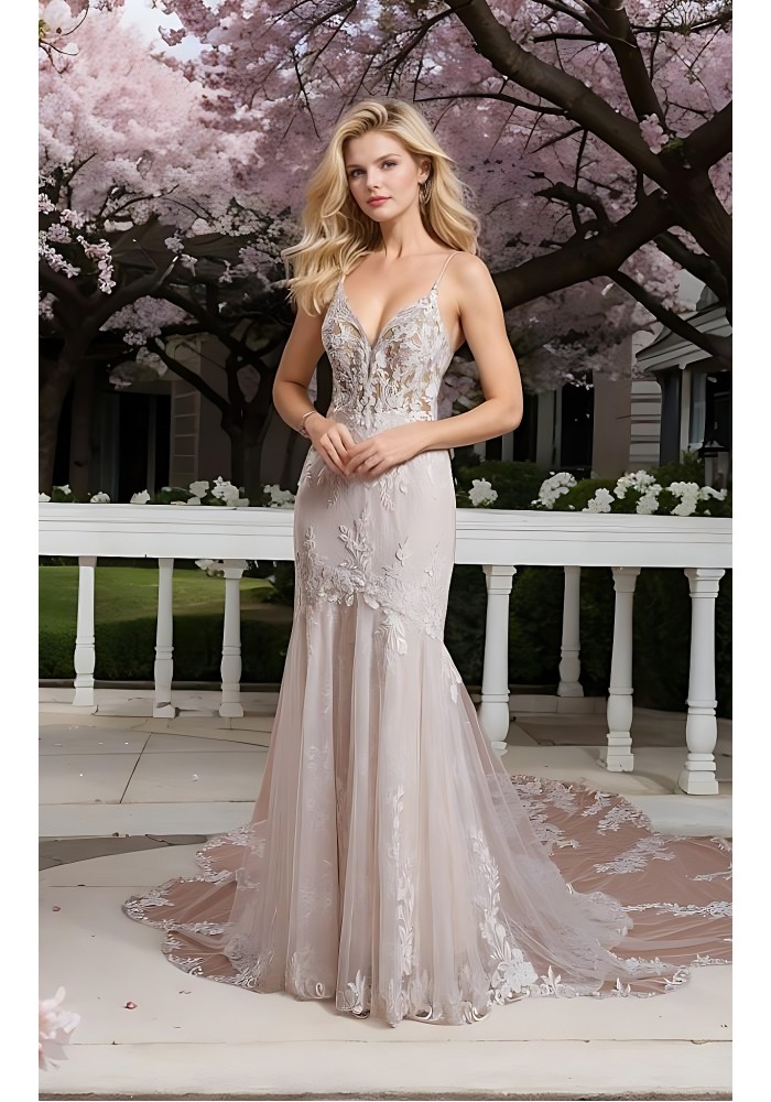 Mermaid V-shape Wedding Dress with Spaghetti Straps - BLM-M2003