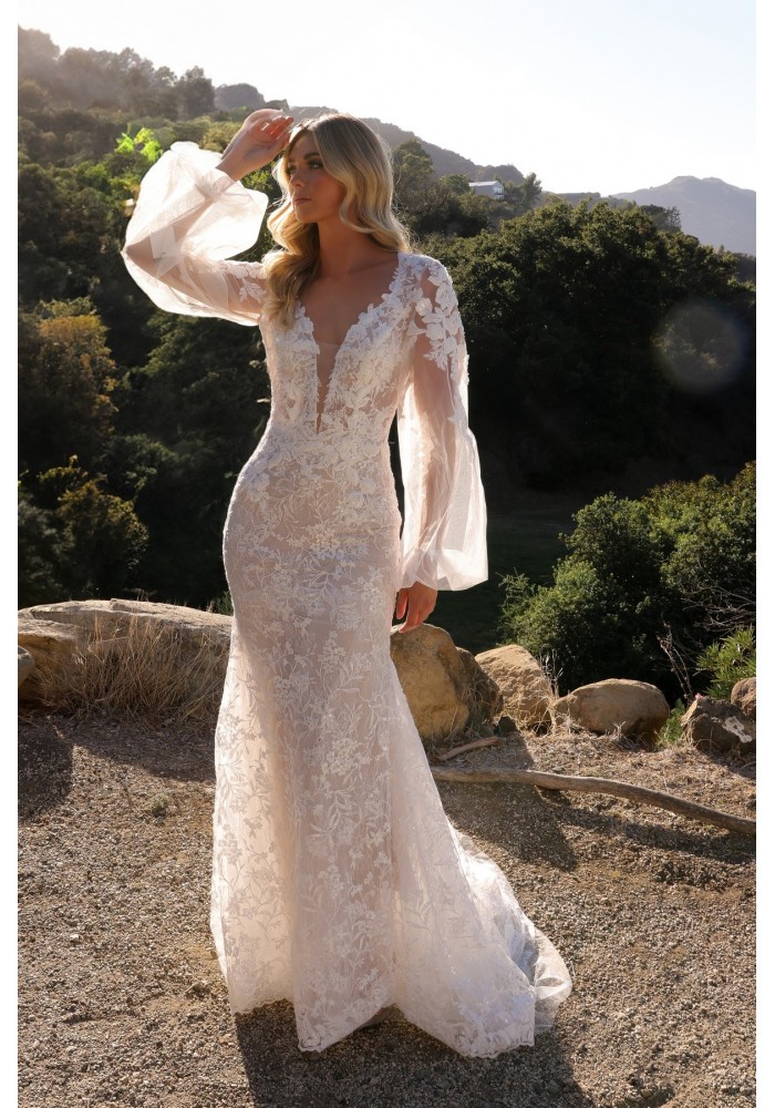 Wedding Dress - Plunge V-neck Long Sleeve Lace Dress - CH-NAJE1009L
