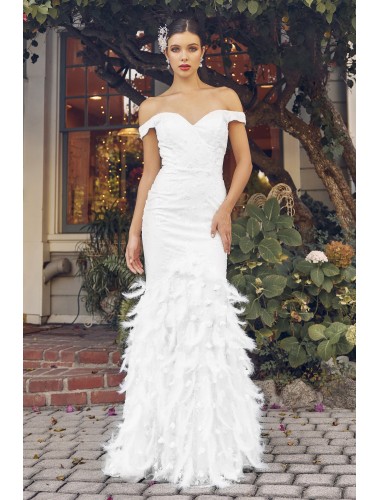 Wedding Dress - Beaded Off-Shoulder Sheath Gown with Feather Accents - CH-NAC1106W