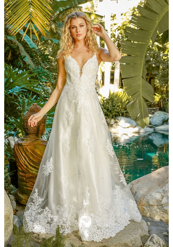 Wedding Dress - A-line Classic V-neck Side Cutouts Laced Straps Ball Gown - CH-NAC461