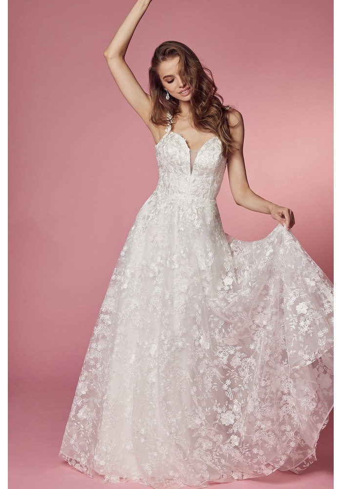 A-line Wedding Gown Covered With Flower Appliques And Plunging Neckline - CH-NAJE922