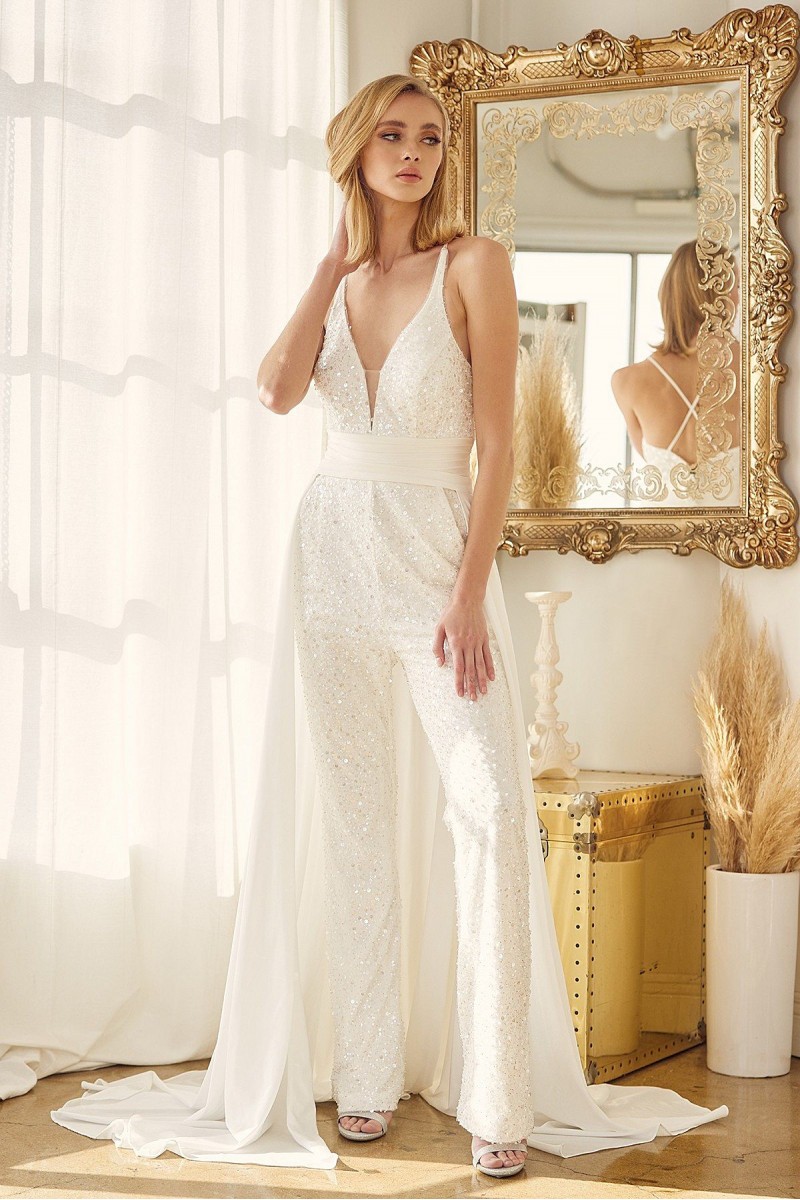 Wedding Dress - Plunging Neckline With Beading Details In Jumpsuit With A Cape From Waist - CH-NAJE926