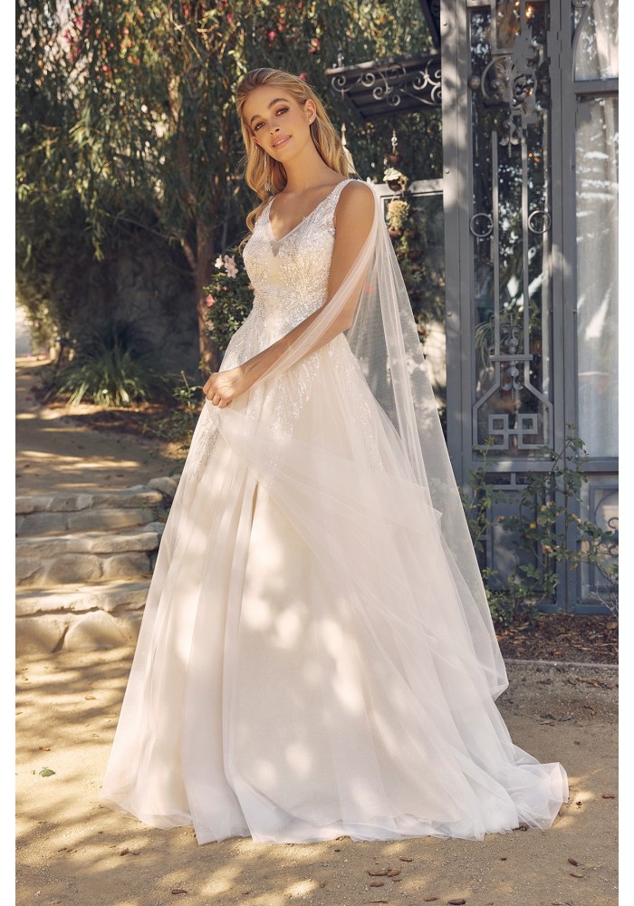 Wedding Dress - Sequin and Bead Embellished V-Neck Gown with Cape Sleeves and Tulle Overlay - CH-NAJE947