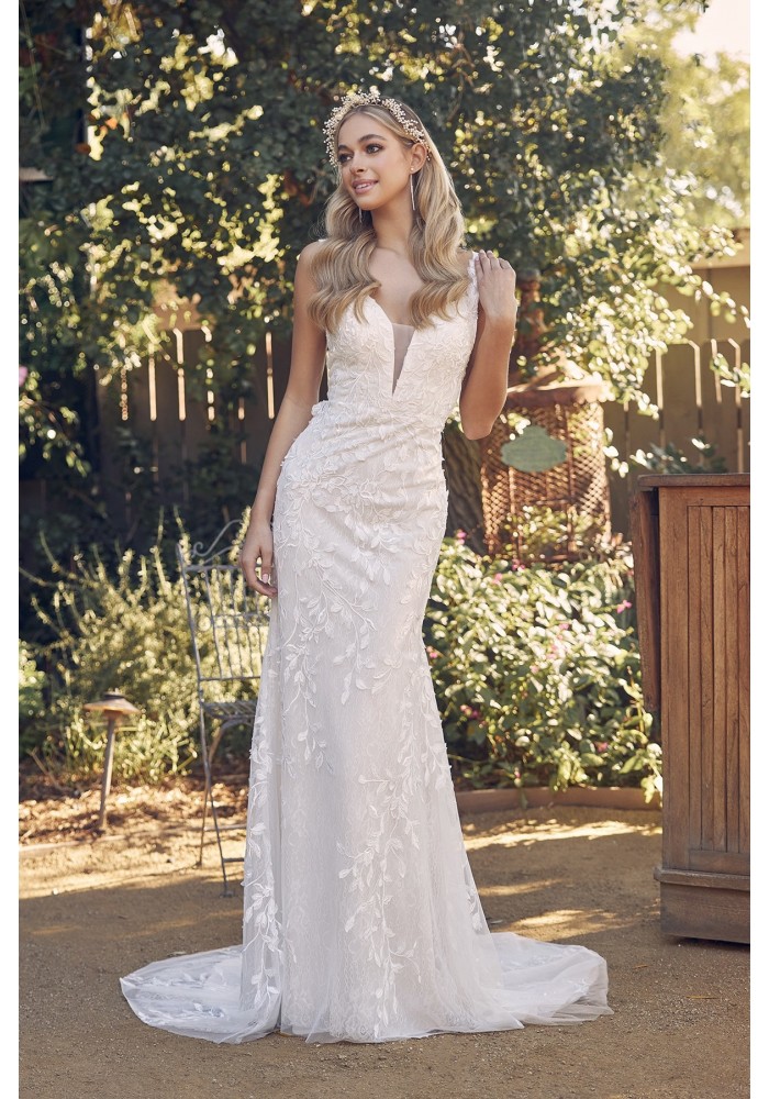 Wedding Dress - Floral Applique Gown with Sweep Train and V-Neck - CH-NAJE949