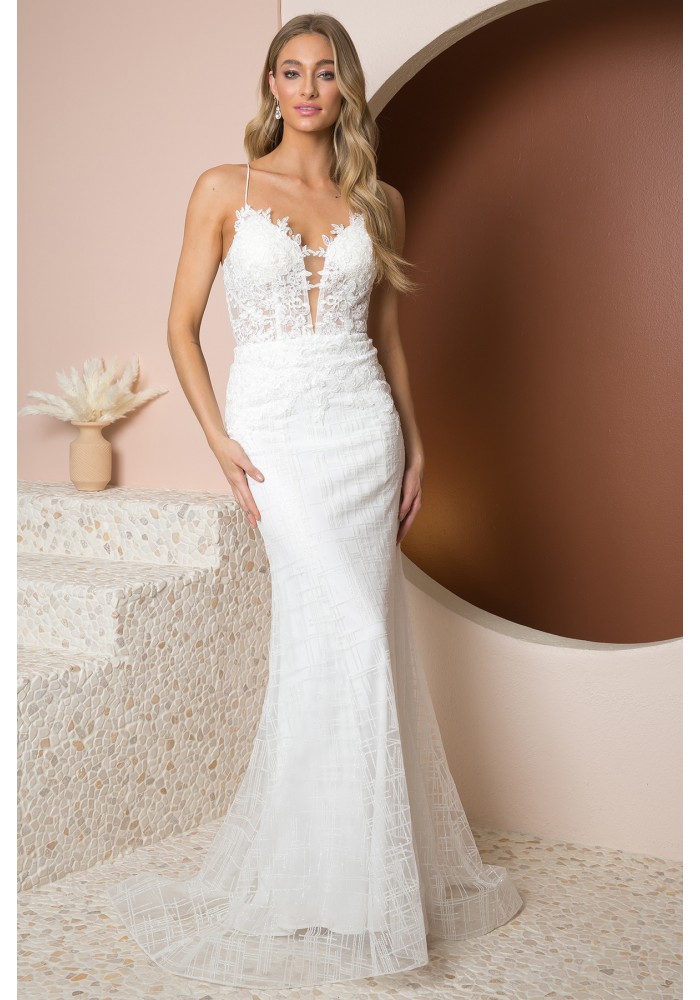Glittery Deep V-neck Bodice with Floor Length Trumpet Skirt Wedding Dress - CH-NAR282-1W