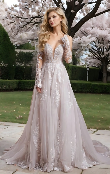 A-line V-shape Wedding Dress Sleeveless / Detachable Long Sleeves - BLM-A1006