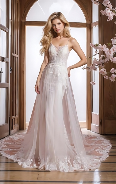 Fitted & Flare / A-line Overskirt Wedding Dress with Spaghetti Straps - BLM-F2010OS