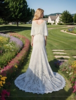 Bohemian V-shape Wedding Dress with Elbow-length Sleeve - BLM-F4001