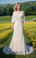 Bohemian V-shape Wedding Dress with Elbow-length Sleeve - BLM-F4001