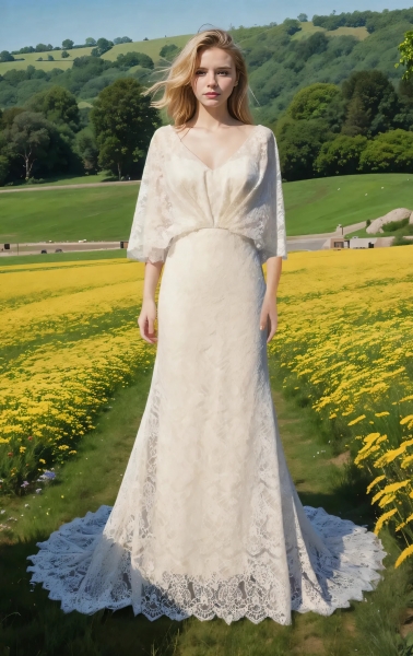 Bohemian V-shape Wedding Dress with Elbow-length Sleeve - BLM-F4001