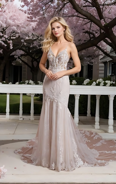 Mermaid V-shape Wedding Dress with Spaghetti Straps - BLM-M2003