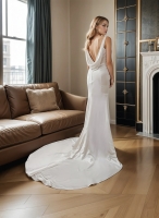 Wedding Dress - Satin Fitted and Flare with Twisted Cross Over Bust Neckline and Slit Skirt -  BLC-F3006