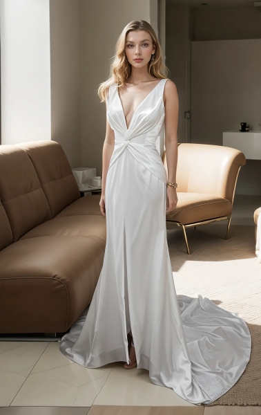 Wedding Dress - Satin Fitted and Flare with Twisted Cross Over Bust Neckline and Slit Skirt -  BLC-F3006