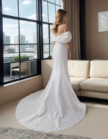 Wedding Dress - Satin Fitted and Flare with Pleated CrossOver Bust Off-Shoulder Sleeves - BLC-F5004