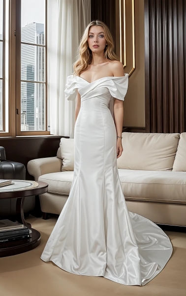 Wedding Dress - Satin Fitted and Flare with Pleated CrossOver Bust Off-Shoulder Sleeves - BLC-F5004