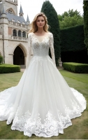 Wedding Dress - Long Sleeves Lace Appliqued Tulle Ball Gown with Sheer Cover Chest and Backline - BLC-B6004