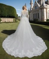 Wedding Dress - Long Sleeves Lace Appliqued Tulle Ball Gown with Sheer Cover Chest and Backline - BLC-B6004