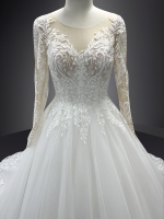 Wedding Dress - Long Sleeves Lace Appliqued Tulle Ball Gown with Sheer Cover Chest and Backline - BLC-B6004