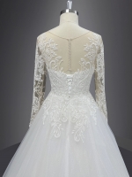 Wedding Dress - Long Sleeves Lace Appliqued Tulle Ball Gown with Sheer Cover Chest and Backline - BLC-B6004