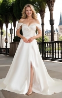  Wedding Dress - Satin Slit Skirt A-line with Pleated Cross-Over Bodice with Detachable Off-Shoulder Straps - BLL-A3002