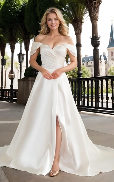  Wedding Dress - Satin Slit Skirt A-line with Pleated Cross-Over Bodice with Detachable Off-Shoulder Straps - BLL-A3002