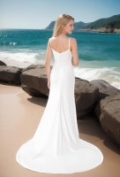 Wedding Dress - Crepe Fitted and Flair Boat Neckline Pleated Bodice and Skirt with Slit - BLL-F2005