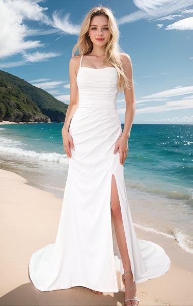 Wedding Dress - Crepe Fitted and Flair Boat Neckline Pleated Bodice and Skirt with Slit - BLL-F2005