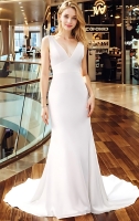 Wedding Dress - Crepe Fitted and Flair  with Bustier Waist Line and Drapery Backline - BLL-F3005