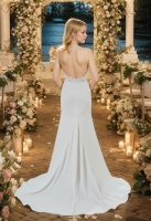 Wedding Dress - Crepe Spaghetti Straps Fitted and Flare Slit Skirt - BLL-F2008