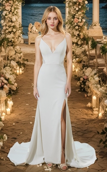 Wedding Dress - Crepe Spaghetti Straps Fitted and Flare Slit Skirt - BLL-F2008