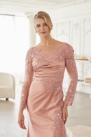 Mother of the Bride Dress -  Satin with Long Sleeves and a Pleated Waistline - CH-NAME123