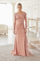 Mother of the Bride Dress -  Satin with Long Sleeves and a Pleated Waistline - CH-NAME123