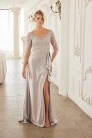 Mother Of The Bride Dress - Satin Floral Applique 3/4 Sleeve Dress with Ruffle Slit - CH-NAME126
