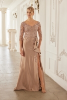 Mother Of The Bride Dress - Satin Floral Applique 3/4 Sleeve Dress with Ruffle Slit - CH-NAME126