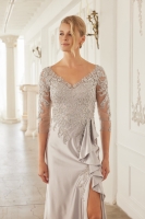 Mother Of The Bride Dress - Satin Floral Applique 3/4 Sleeve Dress with Ruffle Slit - CH-NAME126