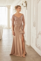 Mother Of The Bride Dress - Satin Floral Applique 3/4 Sleeve Dress with Ruffle Slit - CH-NAME126