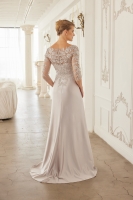 Mother Of The Bride Dress - Satin Floral Applique 3/4 Sleeve Dress with Ruffle Slit - CH-NAME126